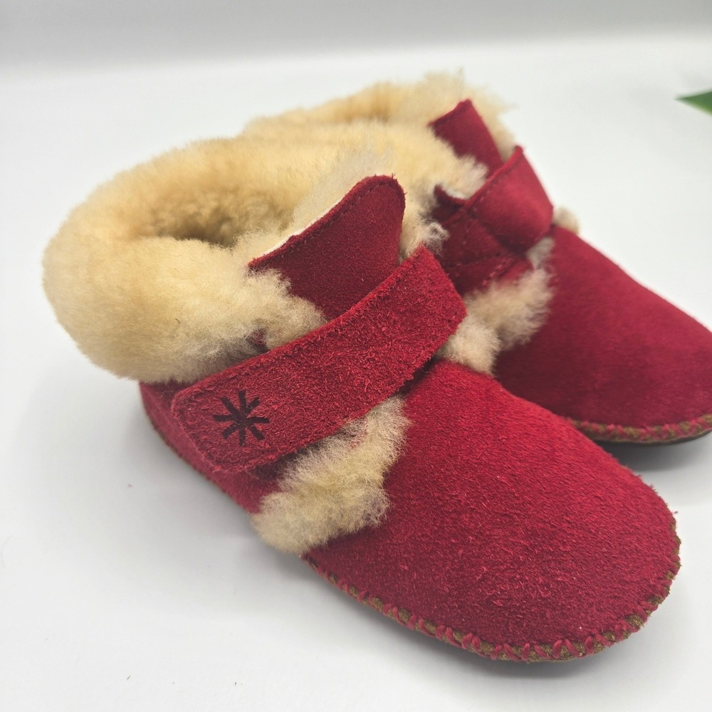 LL Bean Wicked Good Toddler Shearling Slippers Australia Red Suede Size 7-8